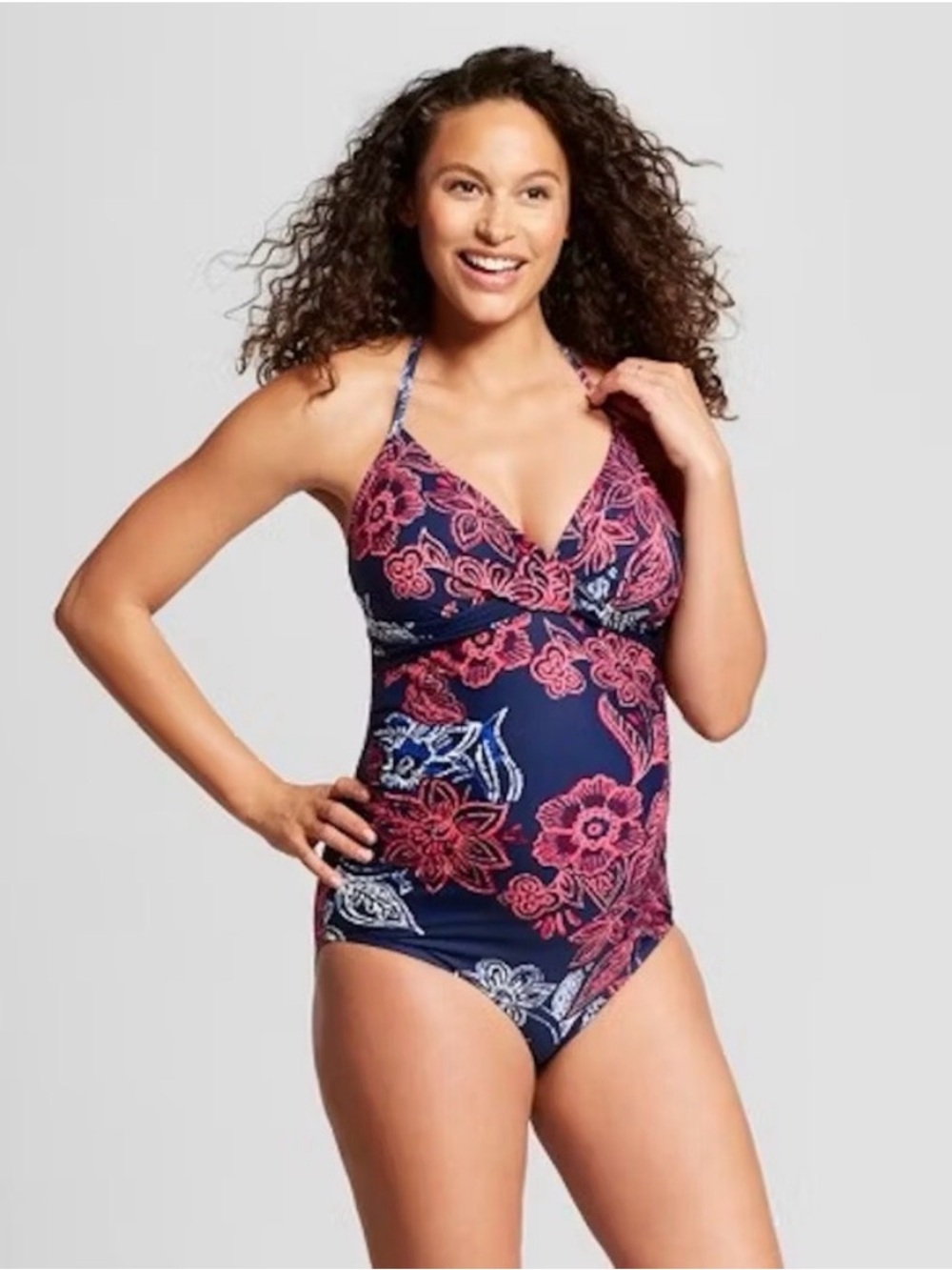 Isabel Maternity Navy Floral Print Wrap Style Halter One Piece Swimsuit Size S